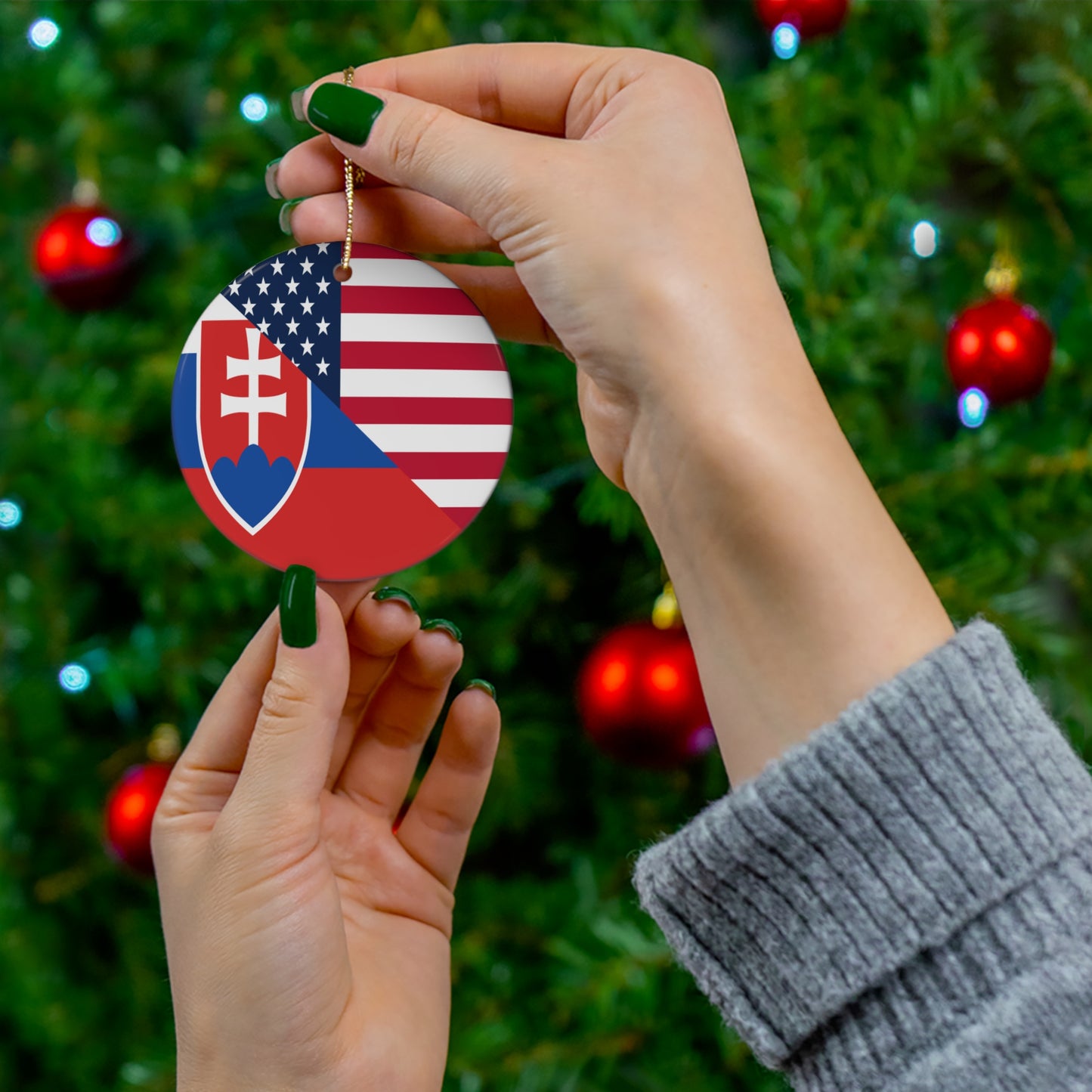 Slovakia American Flag Half Slovakian USA Ceramic Ornament | Christmas Tree Ornaments