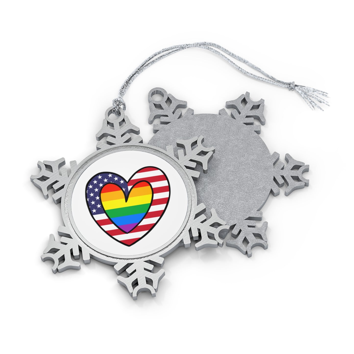 Rainbow American Flag Heart Pride Parade Pewter Snowflake Ornament