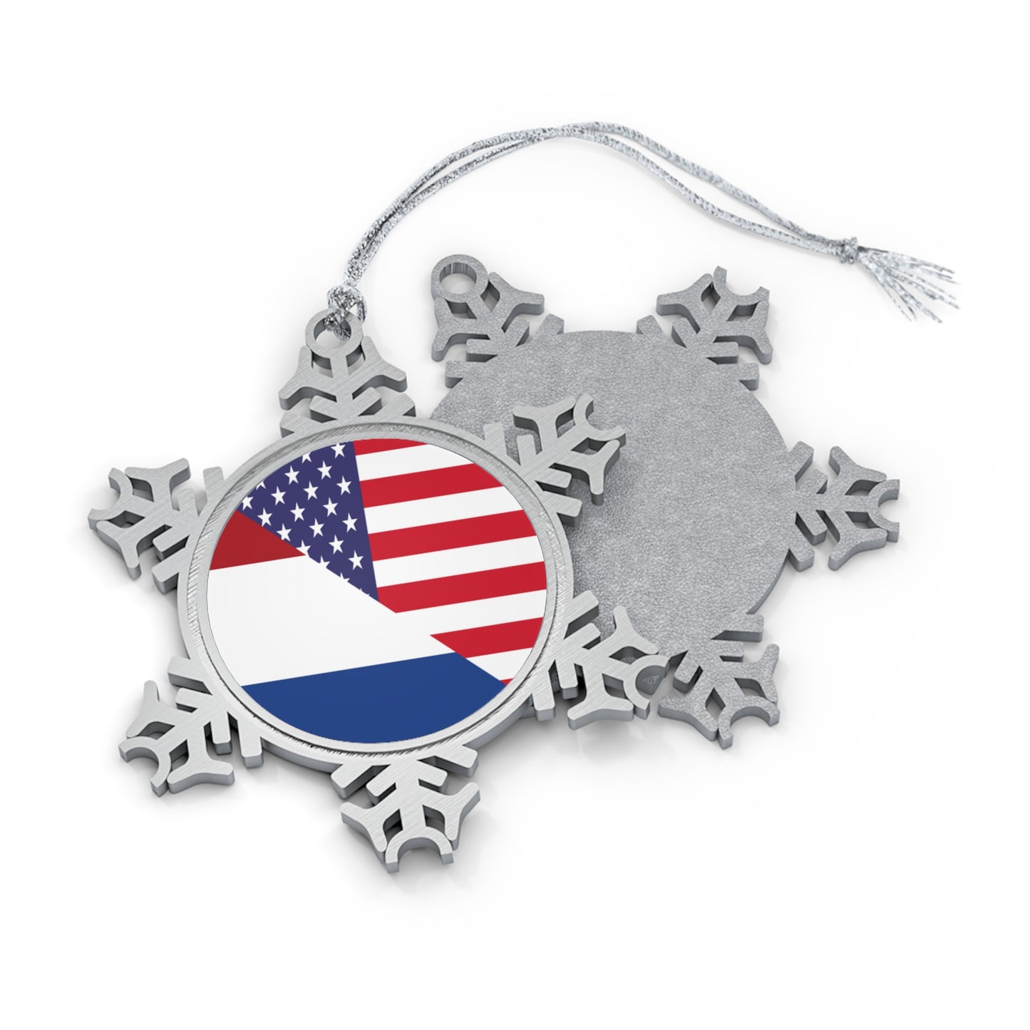 Netherlands American Flag USA Pewter Snowflake Ornament