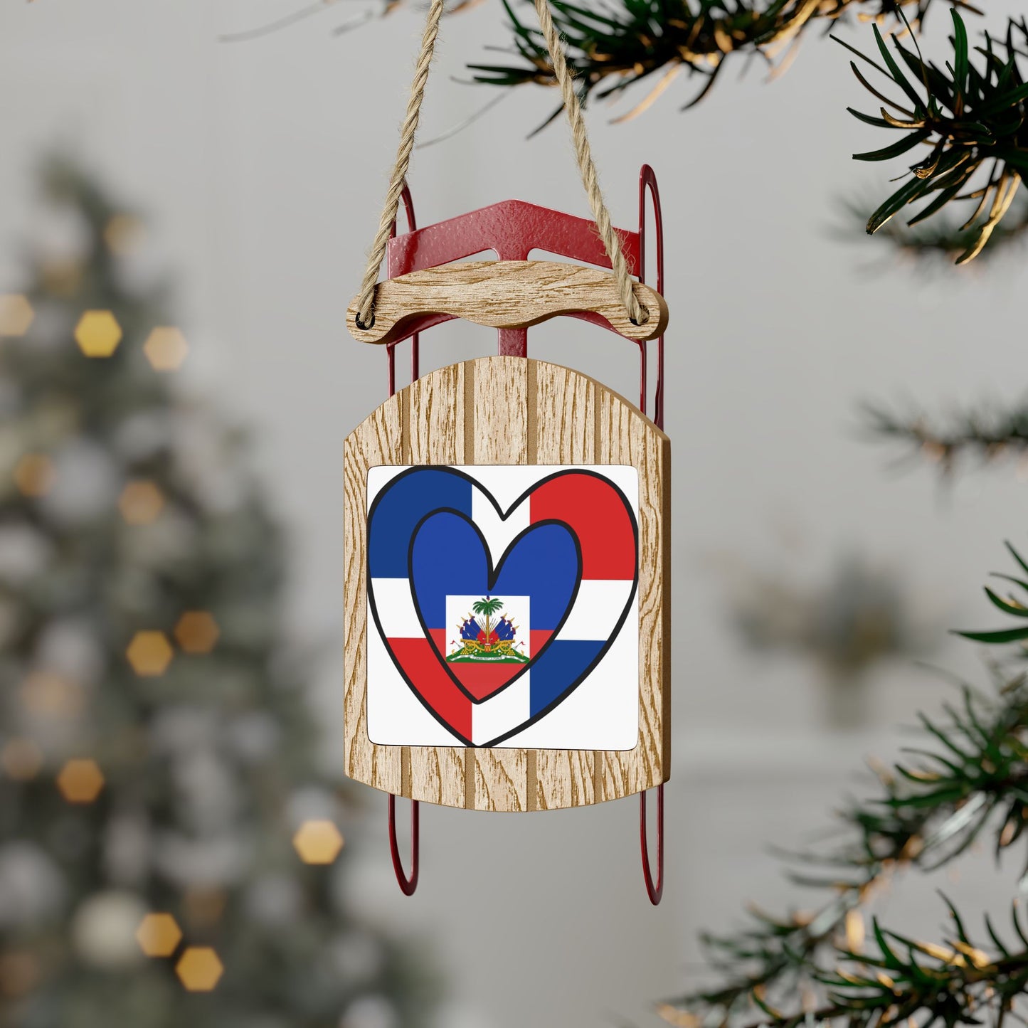 Dominican Haitian Flag Inner Heart DR Republic Haiti Sled Ornament Christmas Tree Ornaments