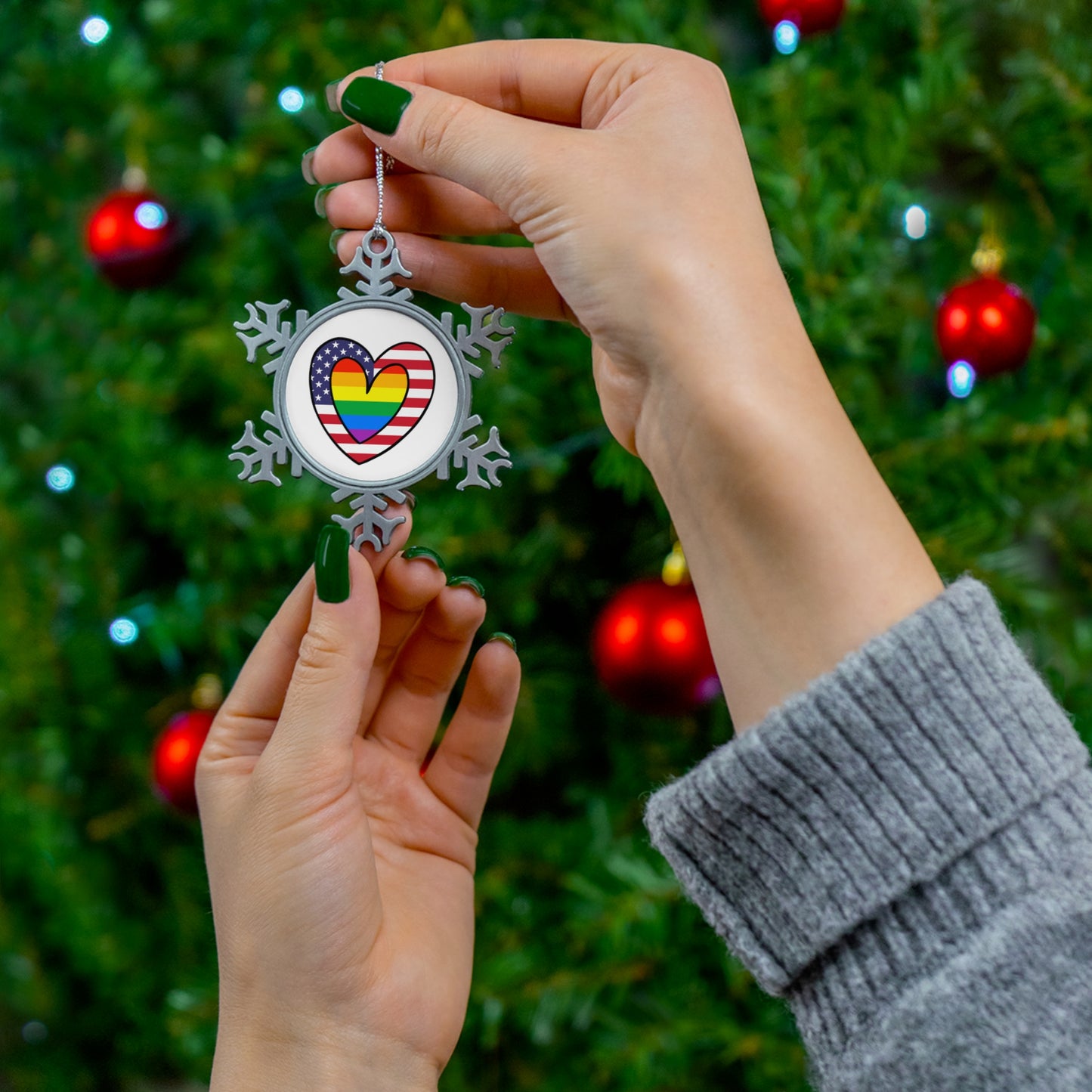 Rainbow American Flag Heart Pride Parade Pewter Snowflake Ornament