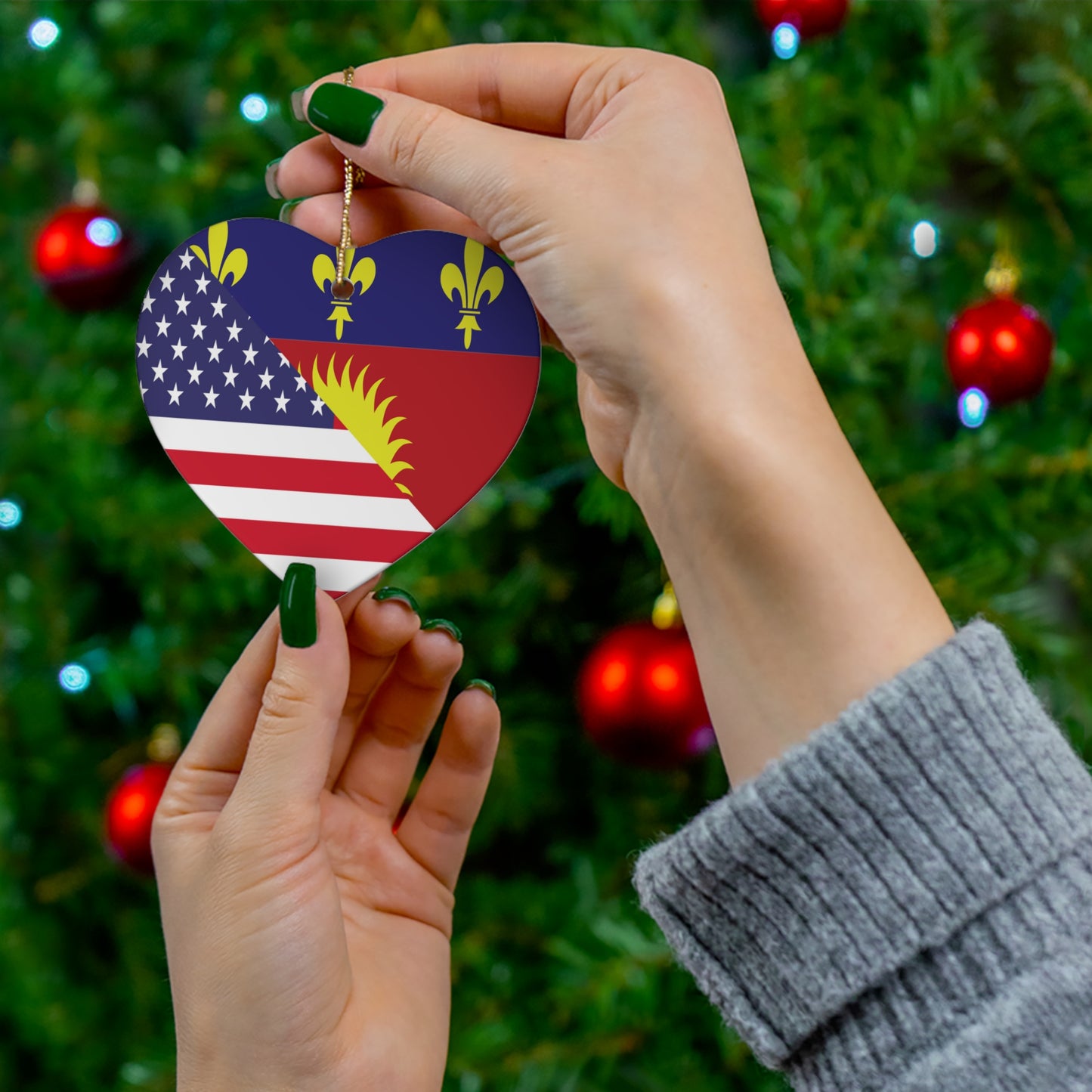 Guadeloupe American Flag Half Guadeloupean USA Ceramic Ornament | Christmas Tree Ornaments