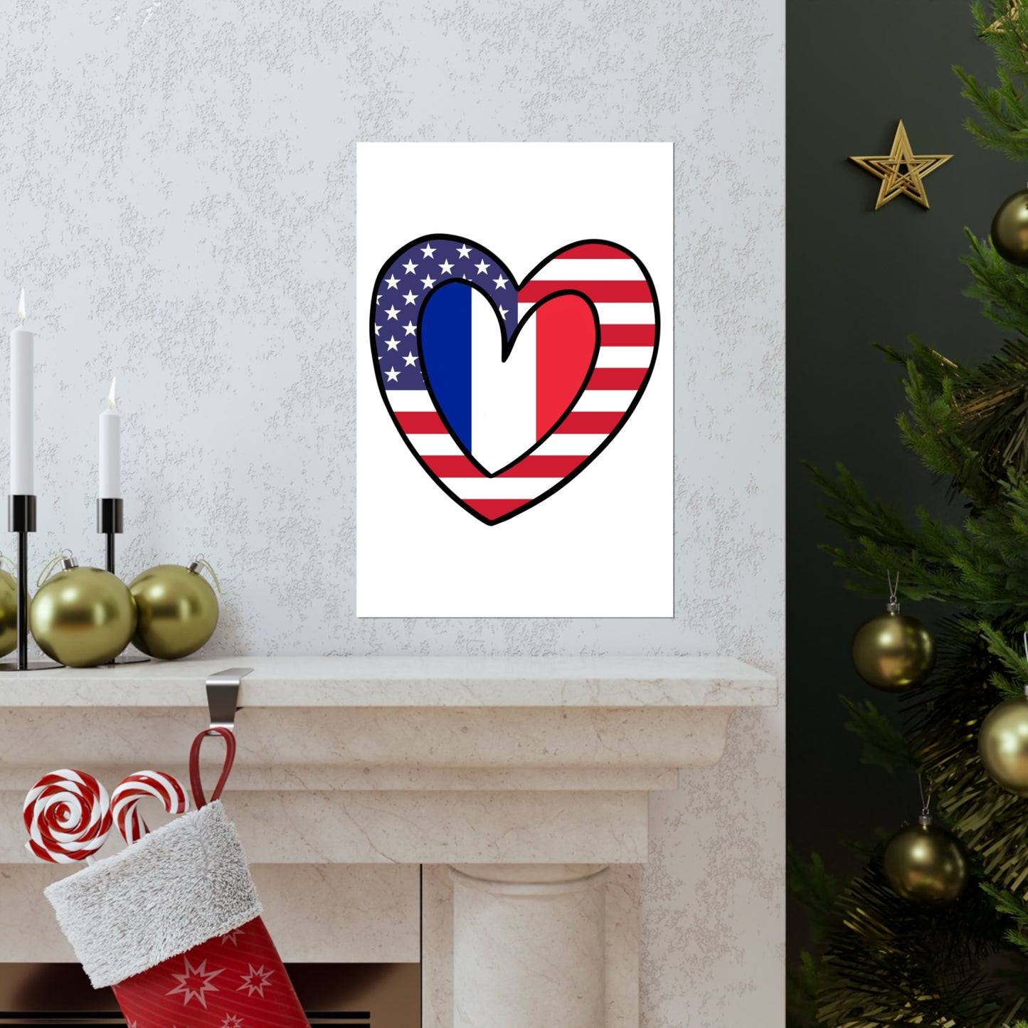 French American Heart Valentines Day Gift Half France USA Flag Premium Matte Poster