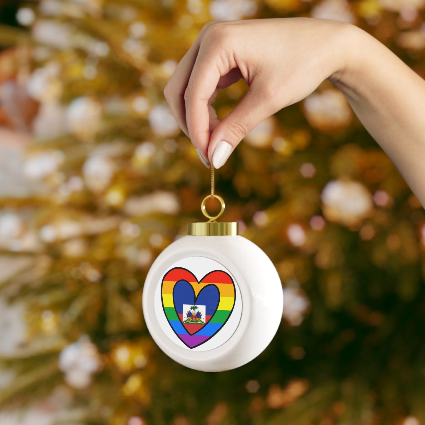 Haitian Rainbow Flag Heart Haiti Pride Month Christmas Tree Ball Ornament