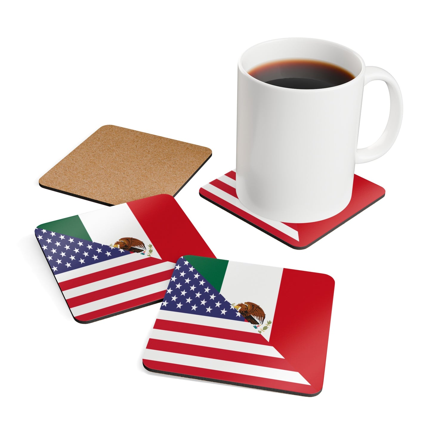 Mexican American Flag Mexico USA Corkwood Coaster Set