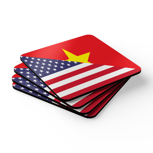 Vietnamese American Flag Half Vietnam USA Corkwood Coaster Set