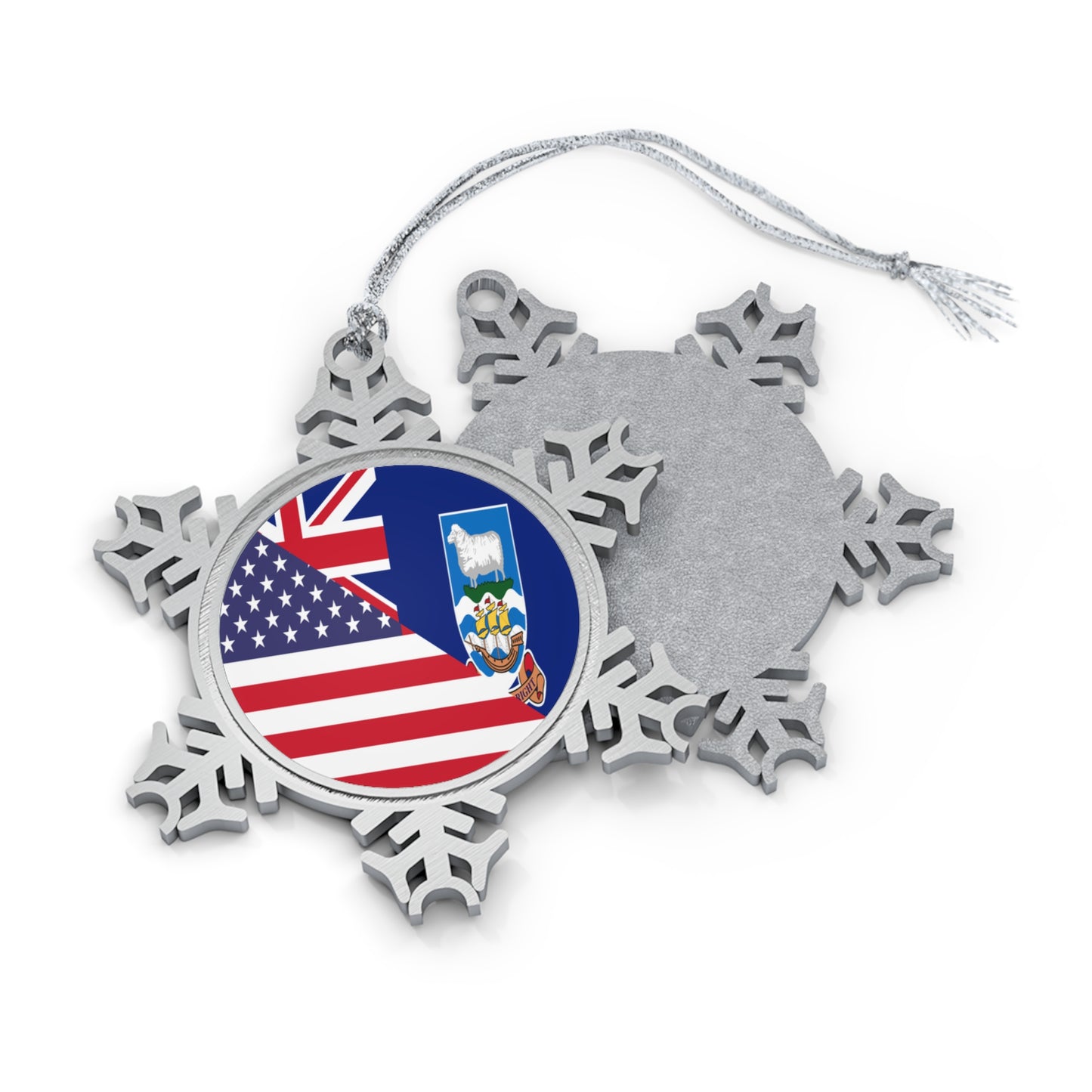 Falkland Islands American Flag Half Falklanders USA Pewter Snowflake Ornament