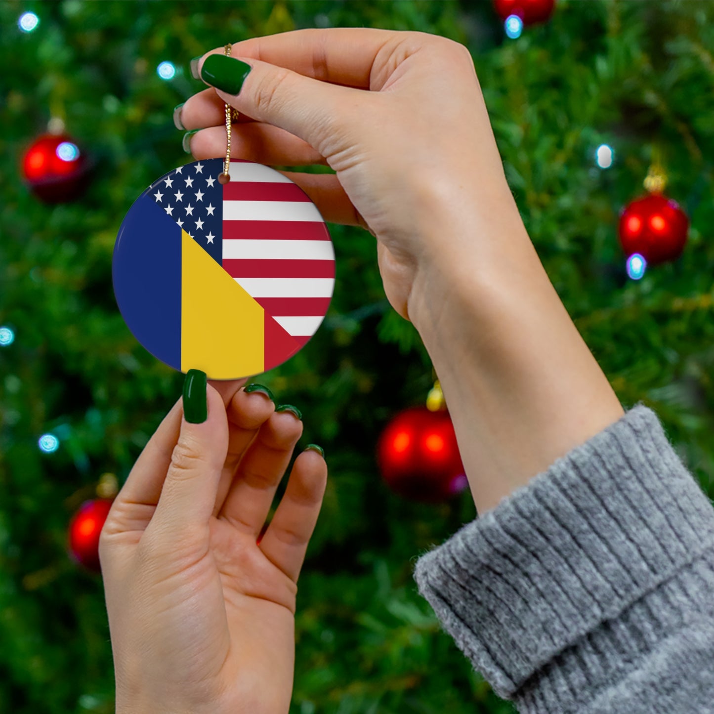 Romania American Flag Half Romanian USA Ceramic Ornament | Christmas Tree Ornaments