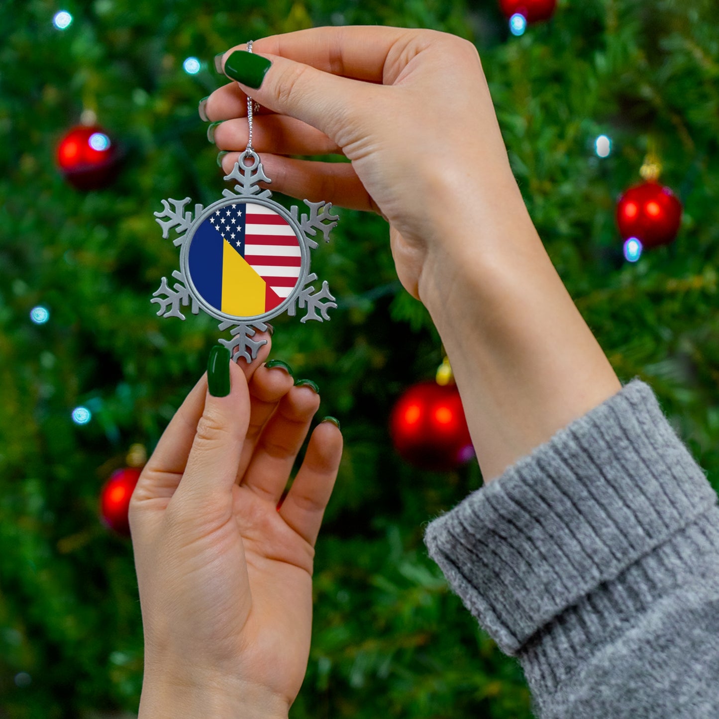 Romania American Flag Half Romanian USA Pewter Snowflake Ornament