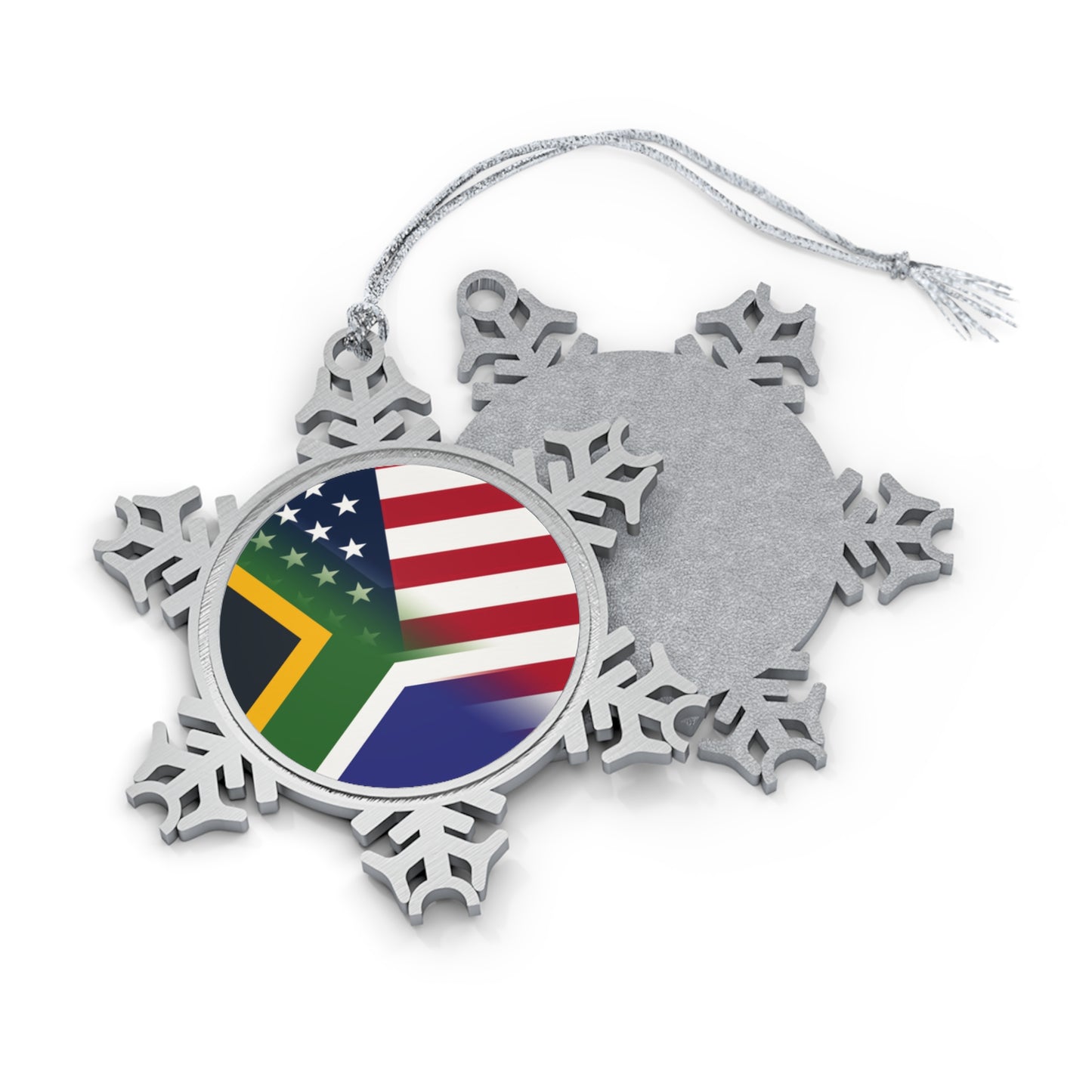 South Africa America Flag | USA Half South African Pewter Snowflake Ornament