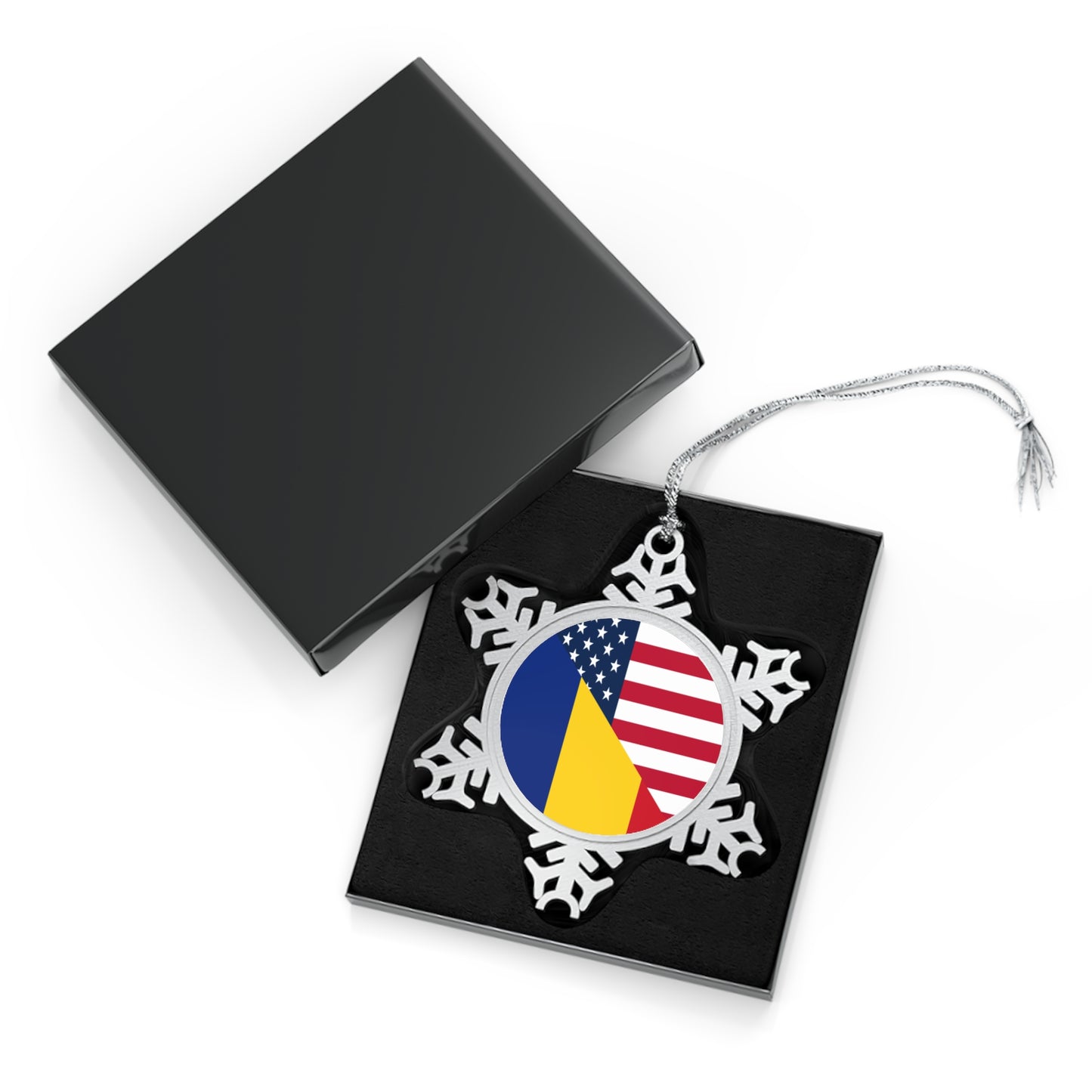 Romania American Flag Half Romanian USA Pewter Snowflake Ornament