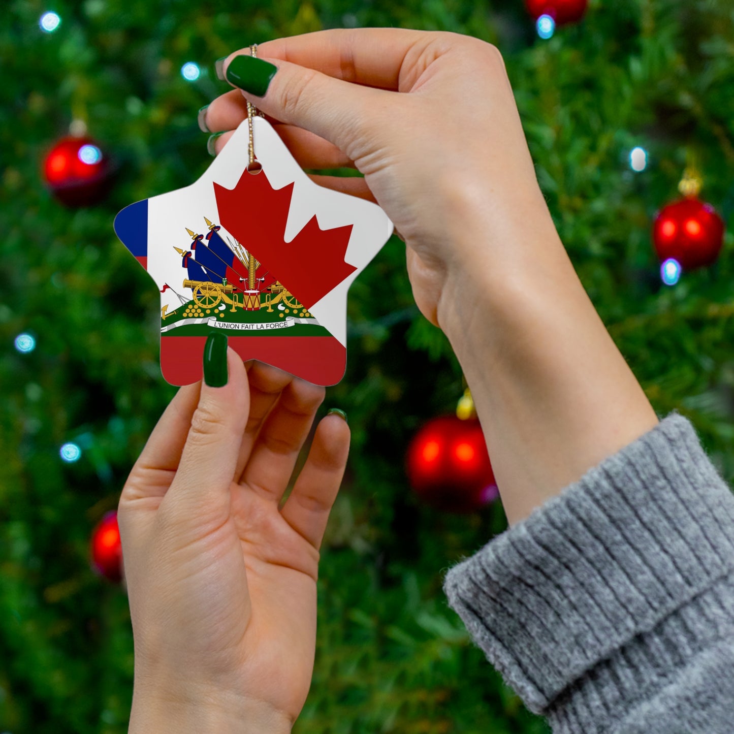 Haitian Canadian Flag | Half Haiti Canada Canadien Ceramic Ornament | Christmas Tree Ornaments