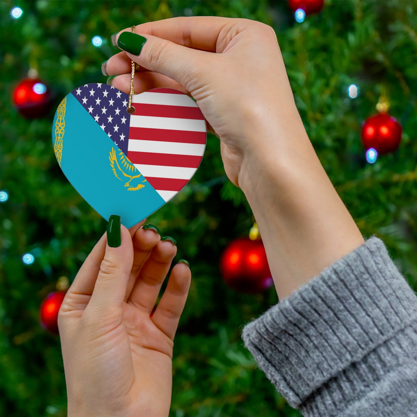 Kazakhstan American Flag USA Ceramic Ornament | Christmas Tree Ornaments