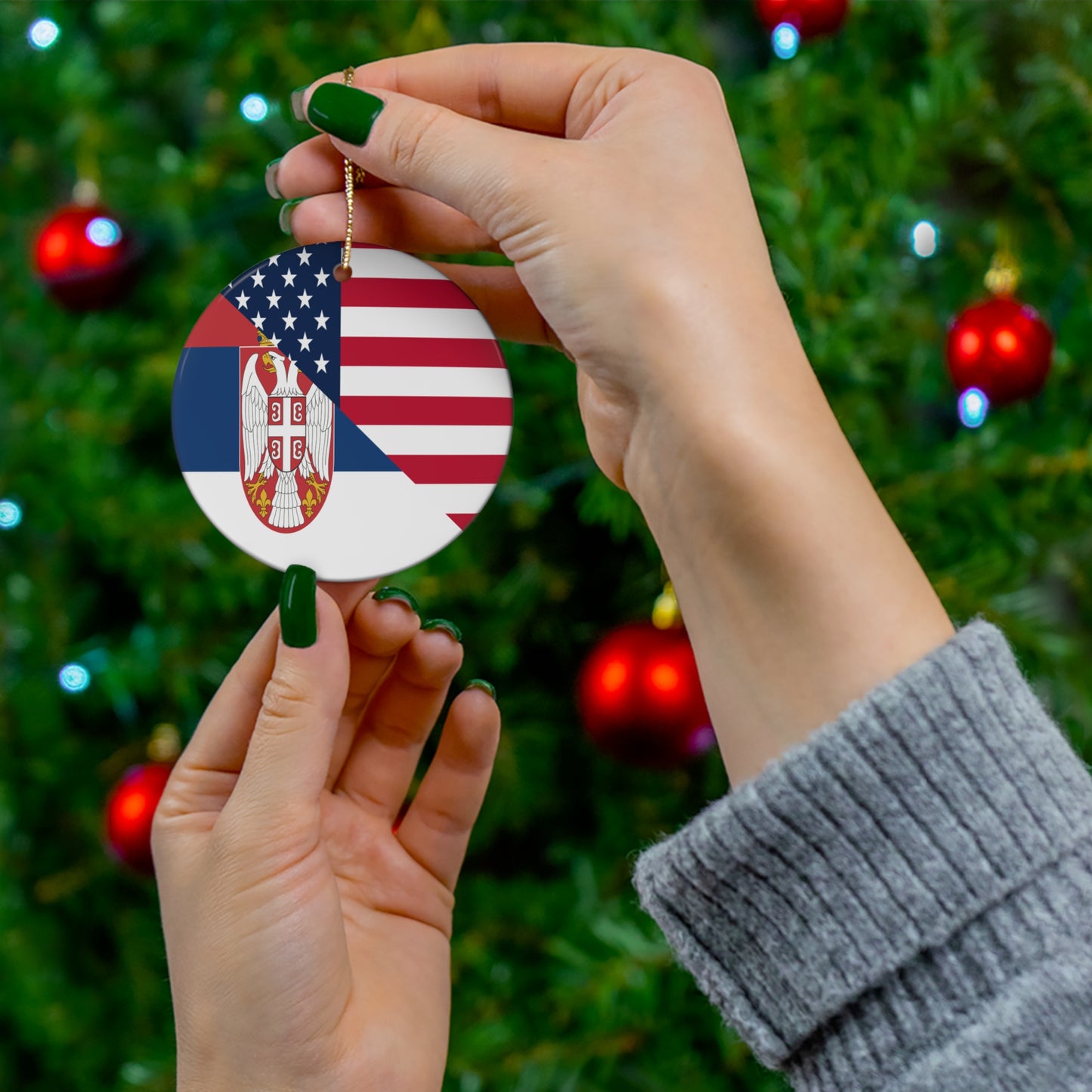 Serbian American Flag Half Serbia USA Ceramic Ornament | Christmas Tree Ornaments