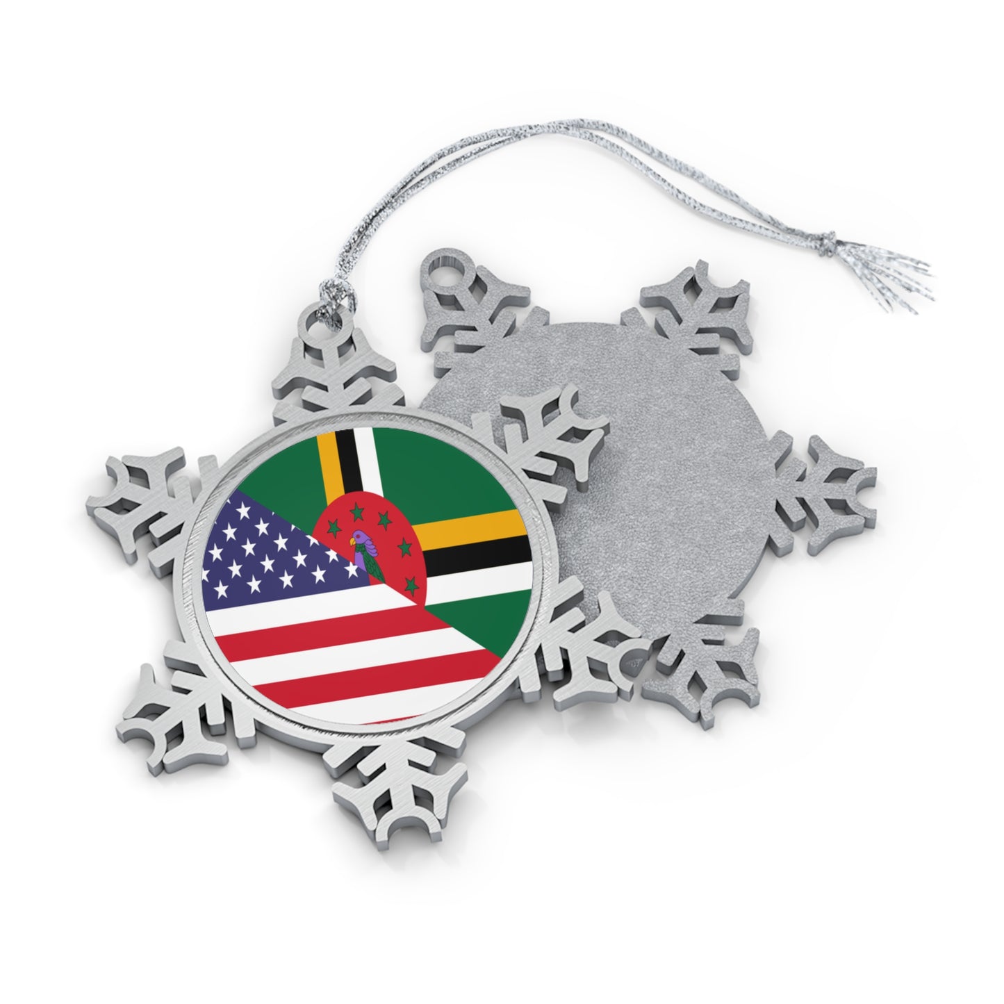 Dominican American Flag Dominica USA Half Pewter Snowflake Ornament