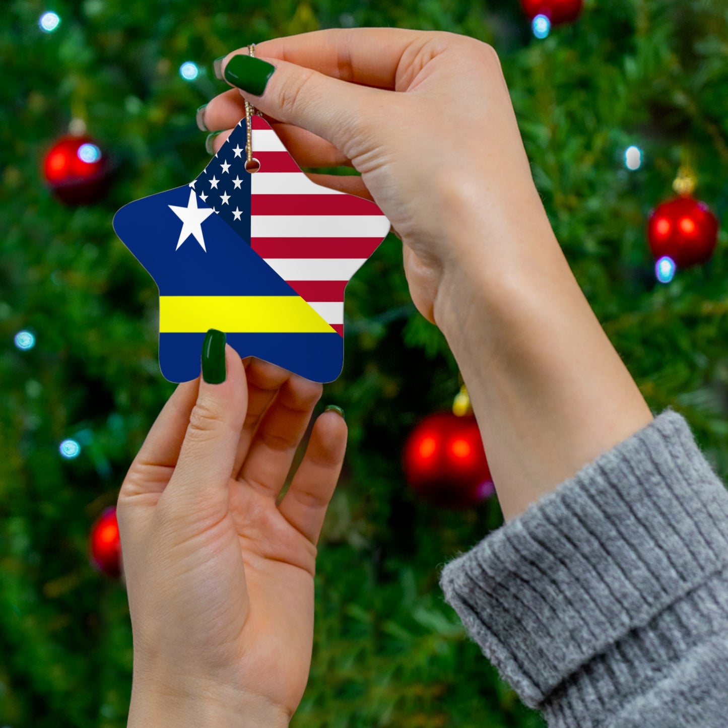 Curacao American Flag Half Curacaoan USA Ceramic Ornament | Christmas Tree Ornaments