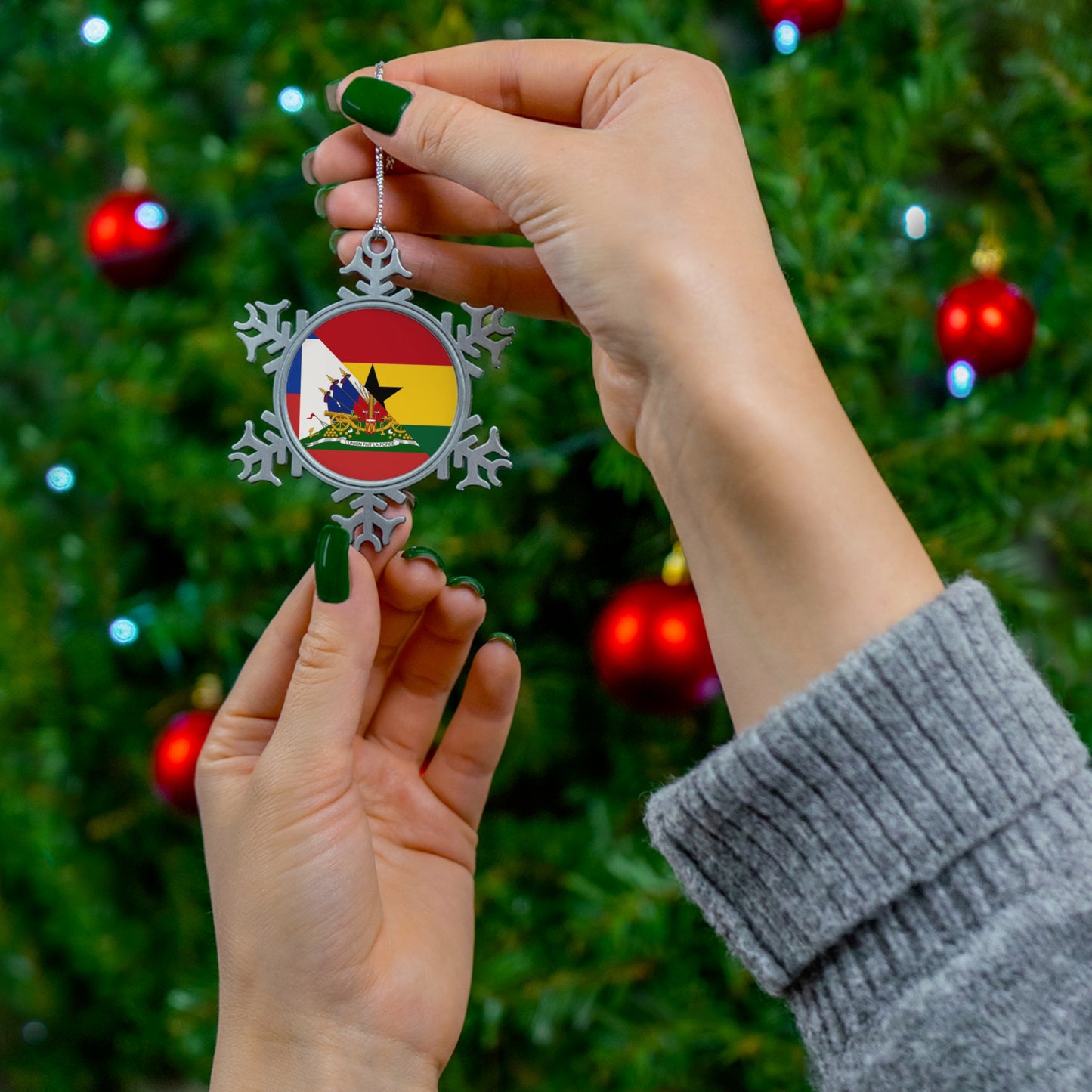 Haitian Ghanaian Flag | Half Haiti Ghana Pewter Snowflake Ornament