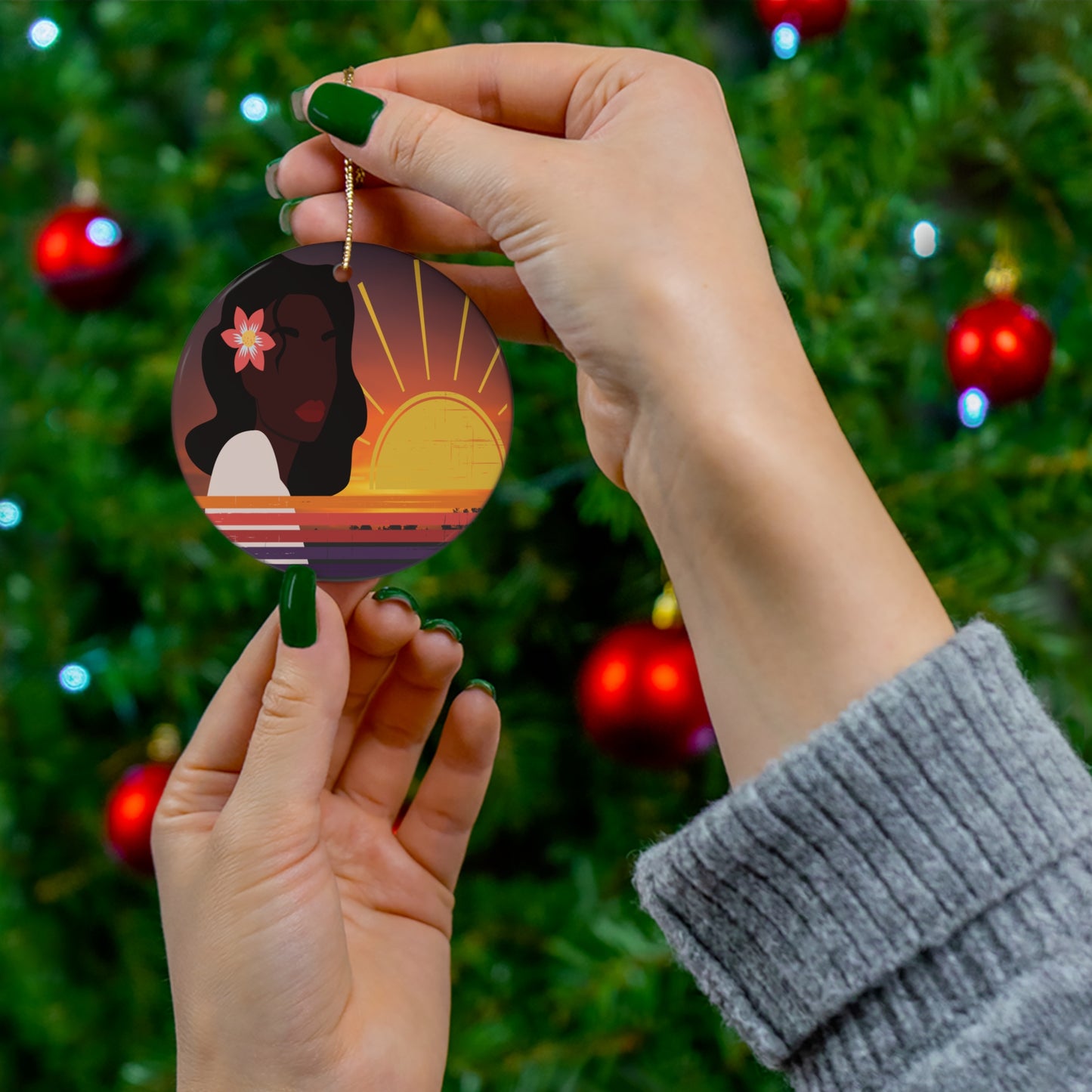 Black Woman Sunset Ceramic Ornament | Christmas Tree Ornaments