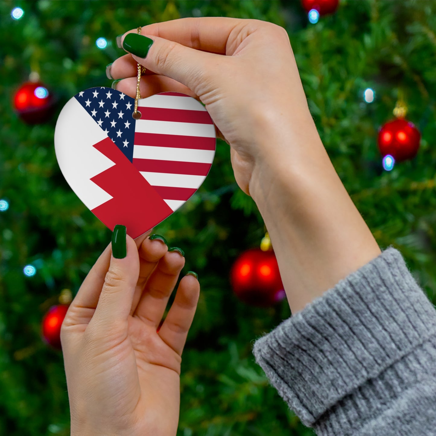 Bahrain American Flag Half Bahraini USA Ceramic Ornament | Christmas Tree Ornaments