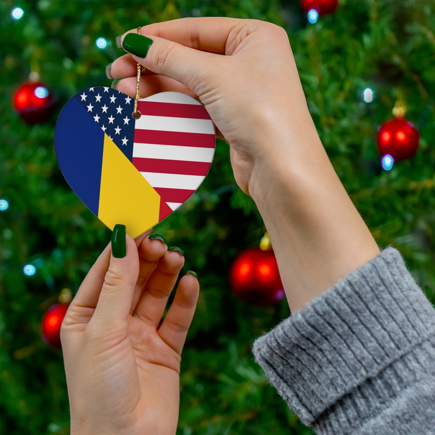 Romania American Flag Half Romanian USA Ceramic Ornament | Christmas Tree Ornaments