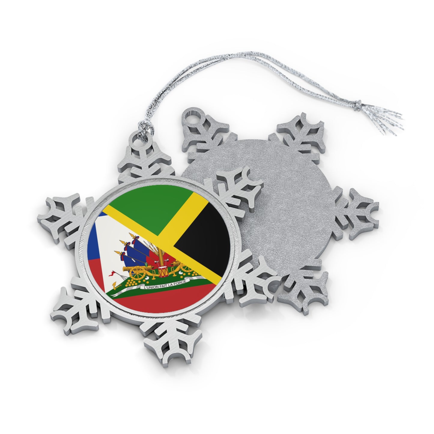 Haitian Jamaican Flag | Half Jamaica Haiti Pewter Snowflake Ornament