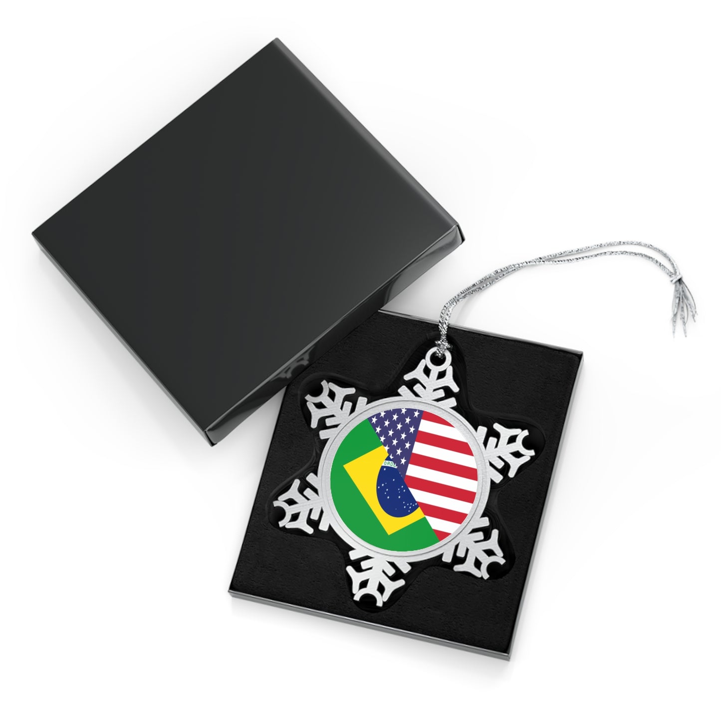 Brazilian American Flag Half Brazil USA Brasil Pewter Snowflake Ornament