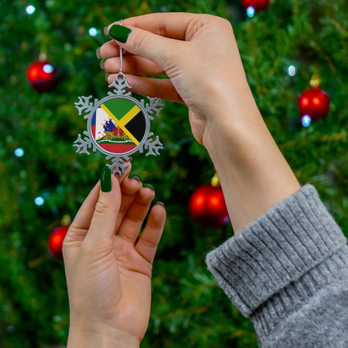 Haitian Jamaican Flag | Half Jamaica Haiti Pewter Snowflake Ornament