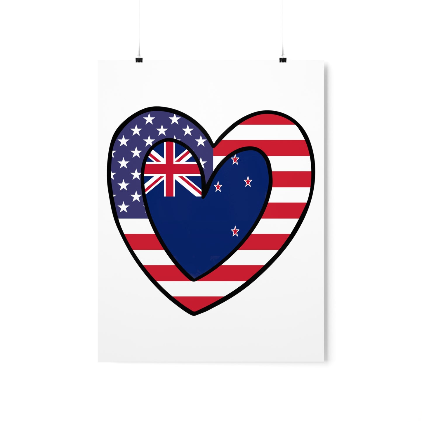 Kiwi American Heart Valentines Day Gift Half New Zealand USA Flag Premium Matte Poster