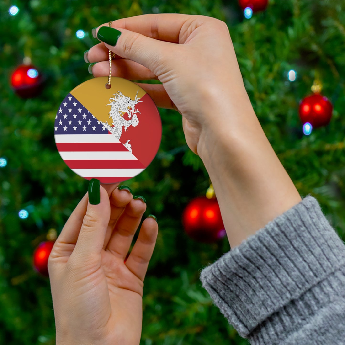 Bhutan American Flag Half Bhutanese USA Ceramic Ornament | Christmas Tree Ornaments