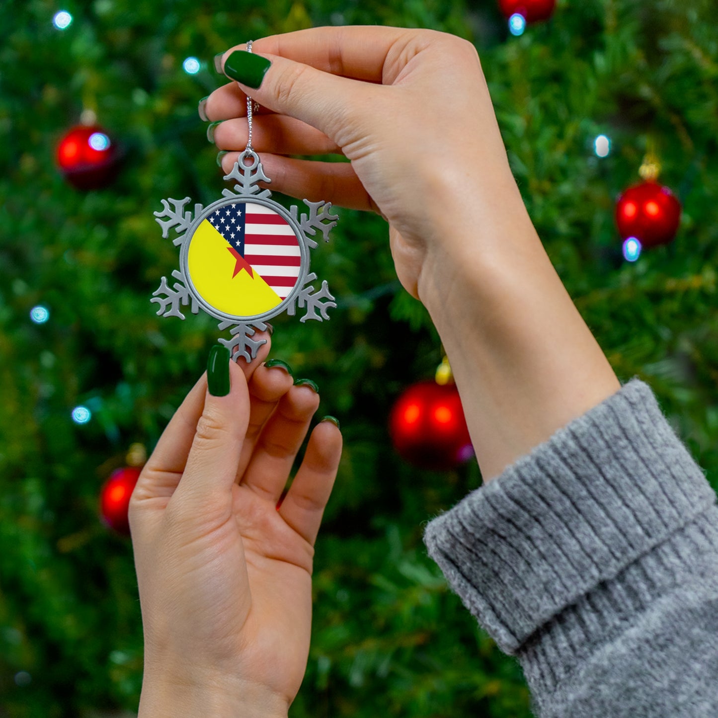 French Guiana American Flag Half Guianese USA Pewter Snowflake Ornament