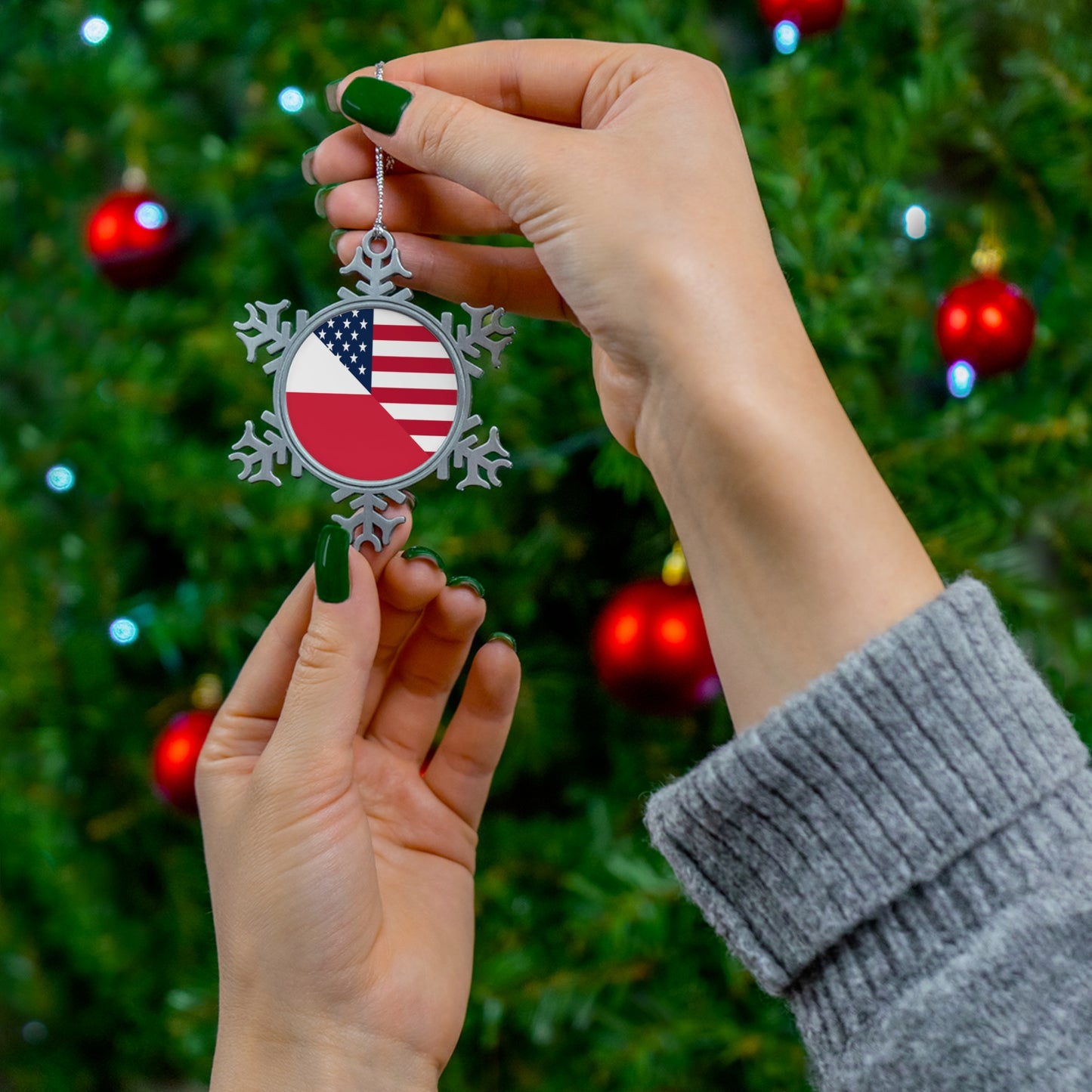 Polish American Flag Half Poland USA Pewter Snowflake Ornament