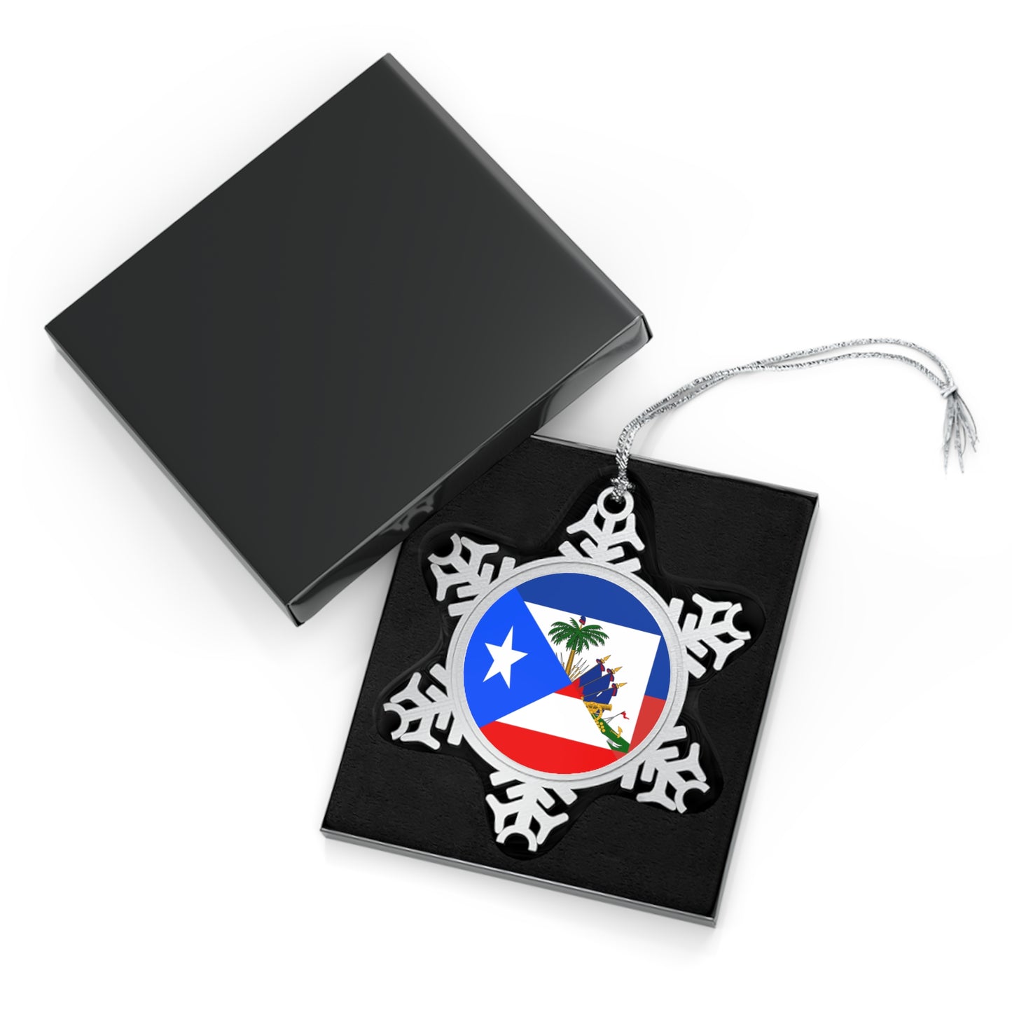 Puerto Rican Haitian Flag Half PR Haiti Pewter Snowflake Ornament