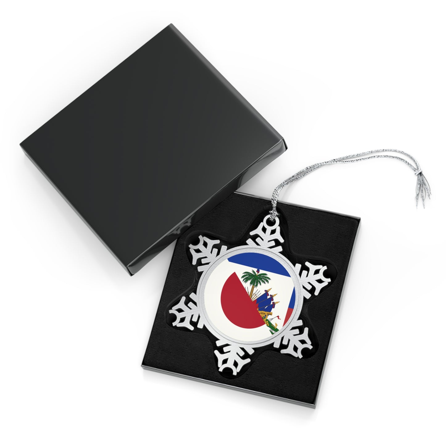 Haitian Japanese Flag | Half Haiti Japan Pewter Snowflake Ornament