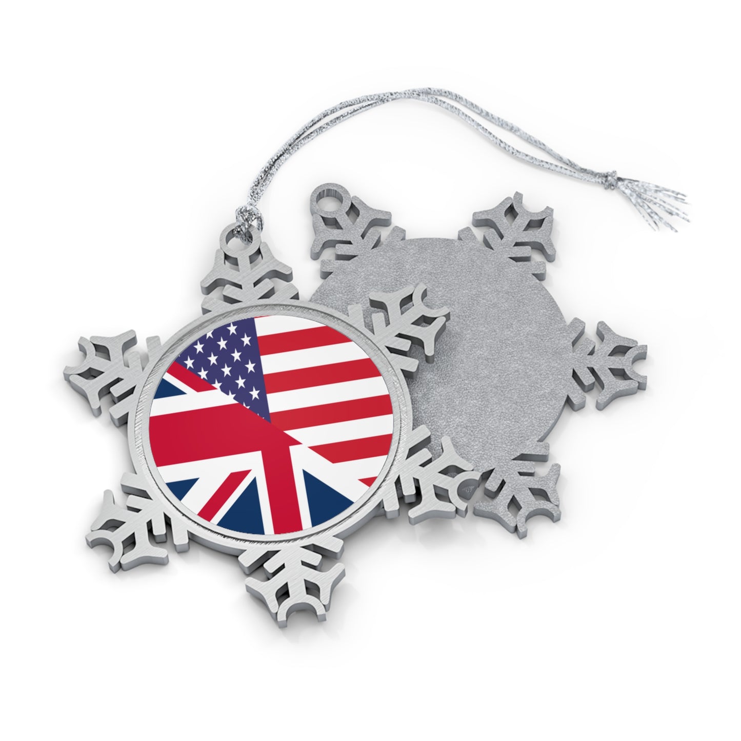 English American Flag United Kingdom USA Pewter Snowflake Ornament