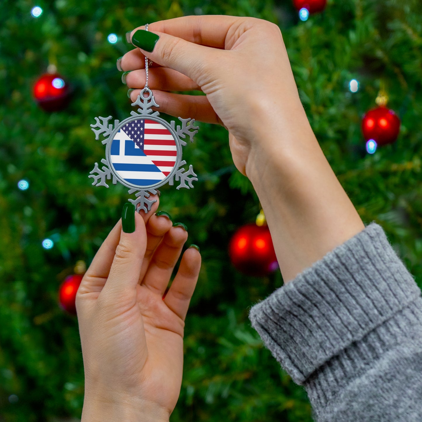 Greek American Flag Half Greece USA Pewter Snowflake Ornament