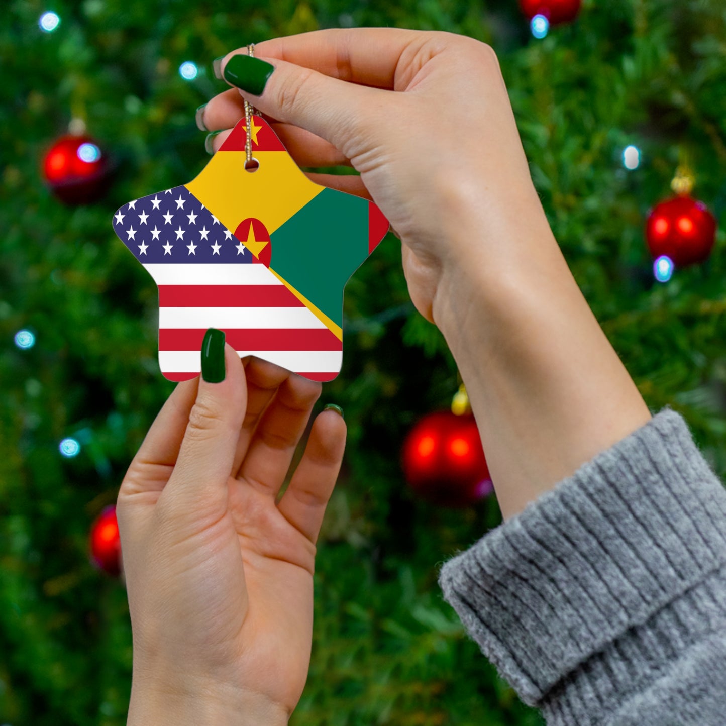 Grenadan American Flag Half Grenada USA Ceramic Ornament | Christmas Tree Ornaments