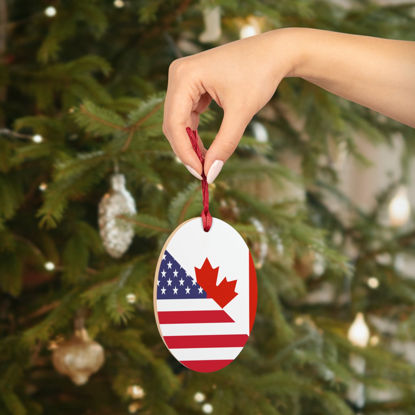 Canadian American Flag Canada USA Wooden Ornament