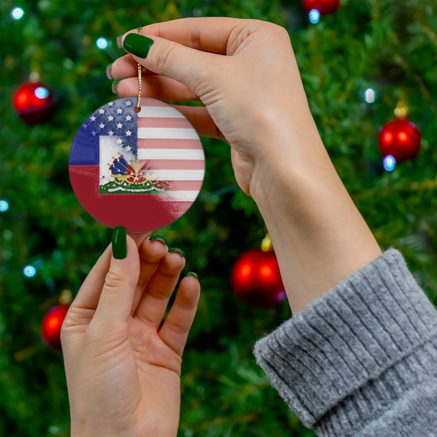 Haiti America Flag Painted | Half Haitian American Flag Ceramic Ornament | Christmas Tree Ornaments