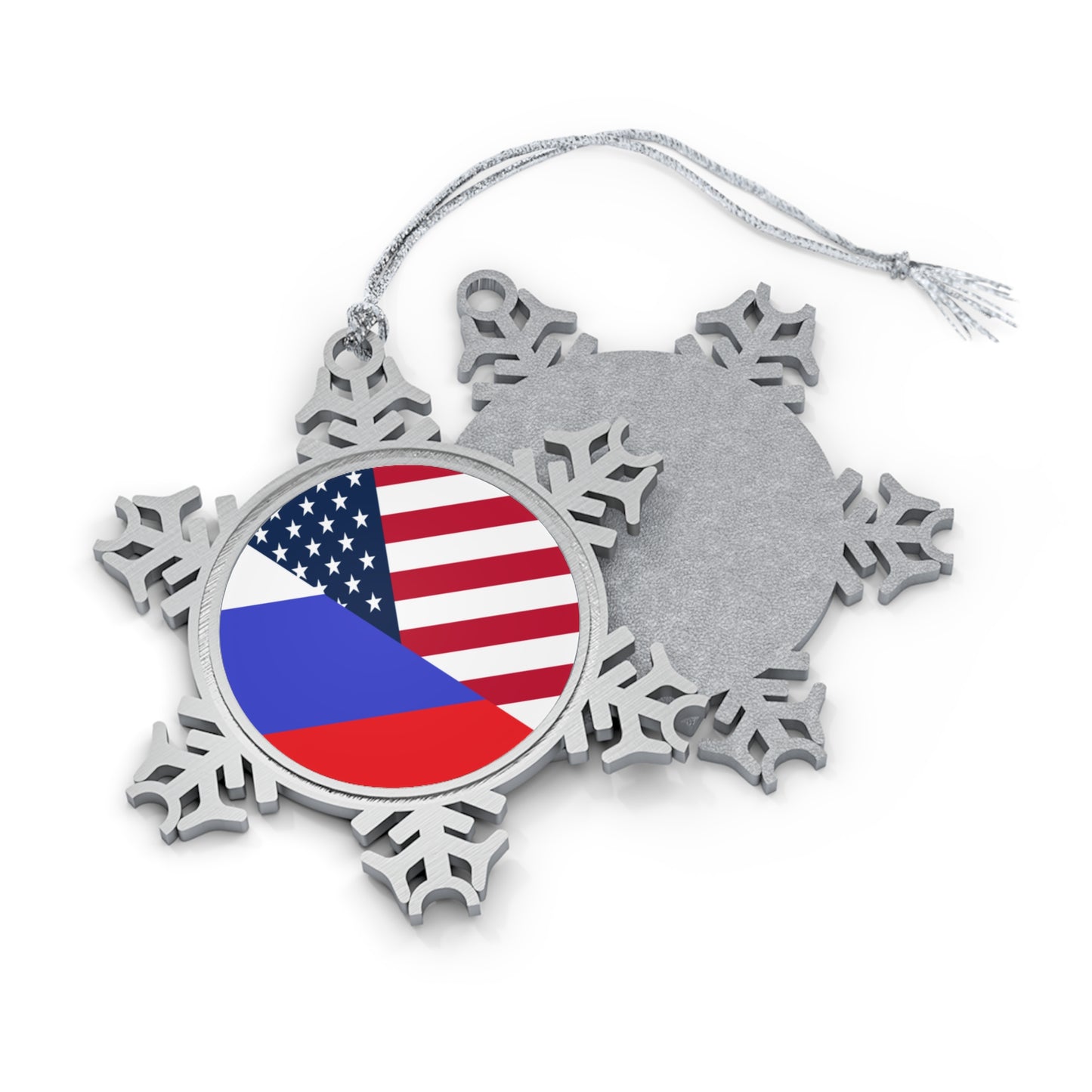 Russian American Flag Half Russia USA Pewter Snowflake Ornament