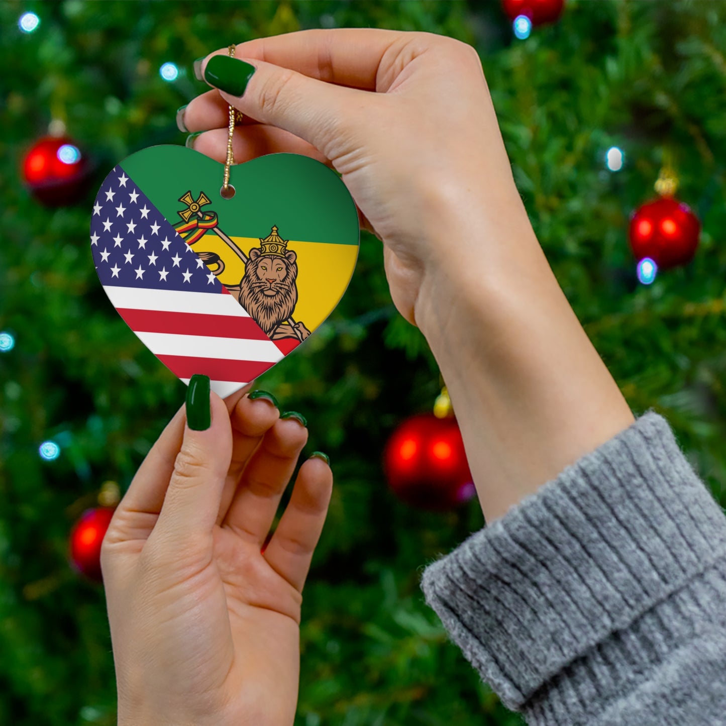 Ethiopian American Lion of Judah Flag Ceramic Ornament Half Ethiopia USA Christmas Tree Ornaments