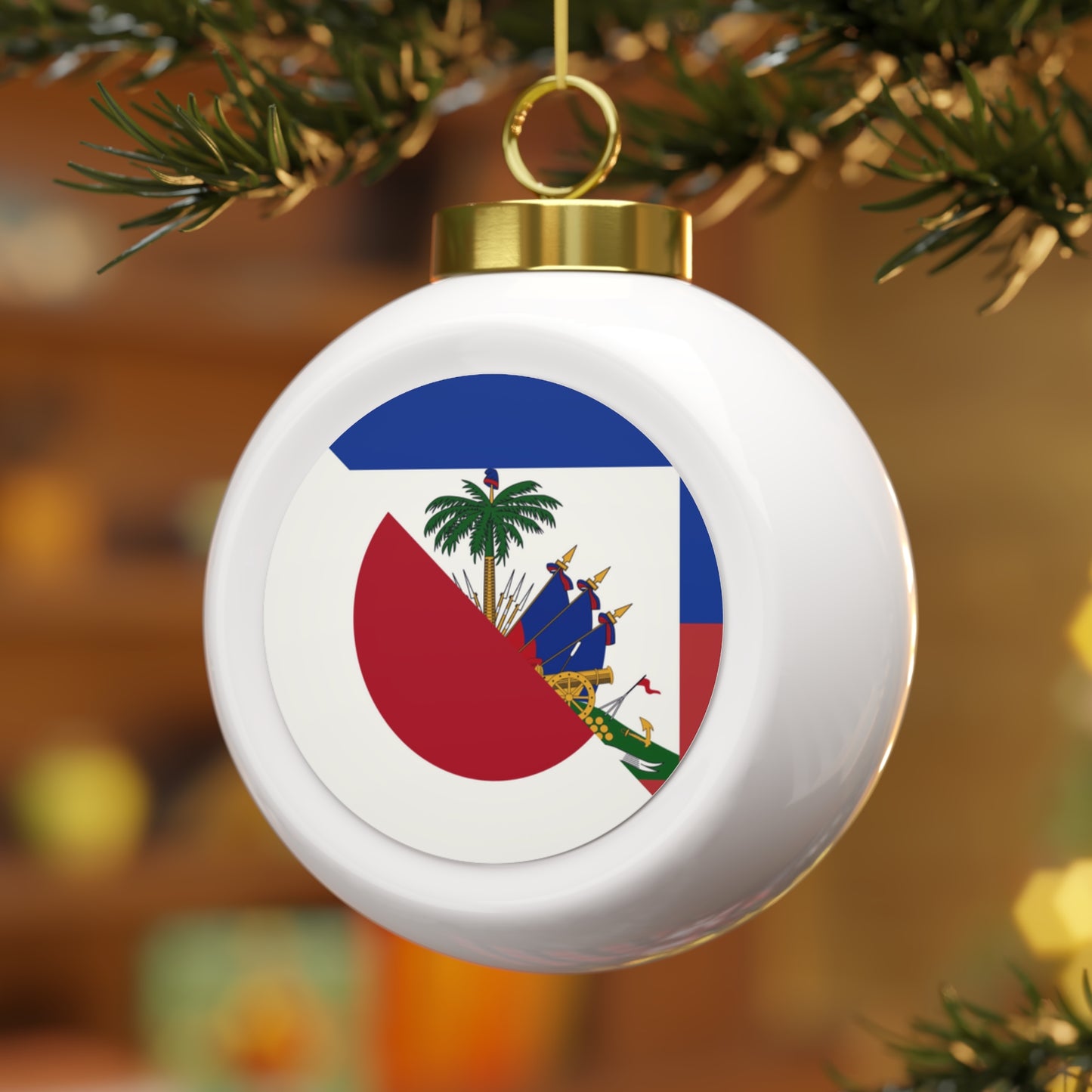 Haitian Japanese Flag | Half Haiti Japan Christmas Tree Ball Ornament