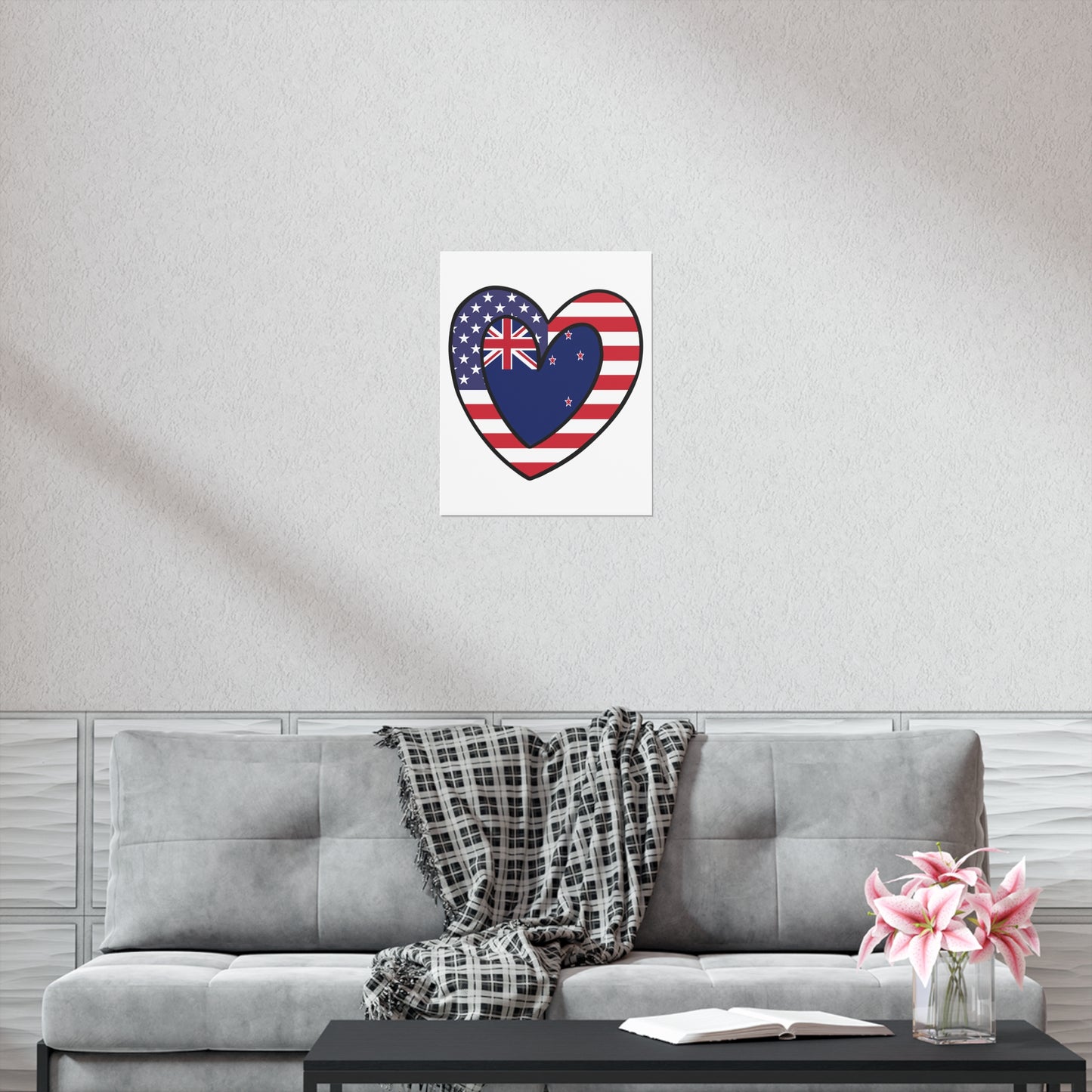 Kiwi American Heart Valentines Day Gift Half New Zealand USA Flag Premium Matte Poster