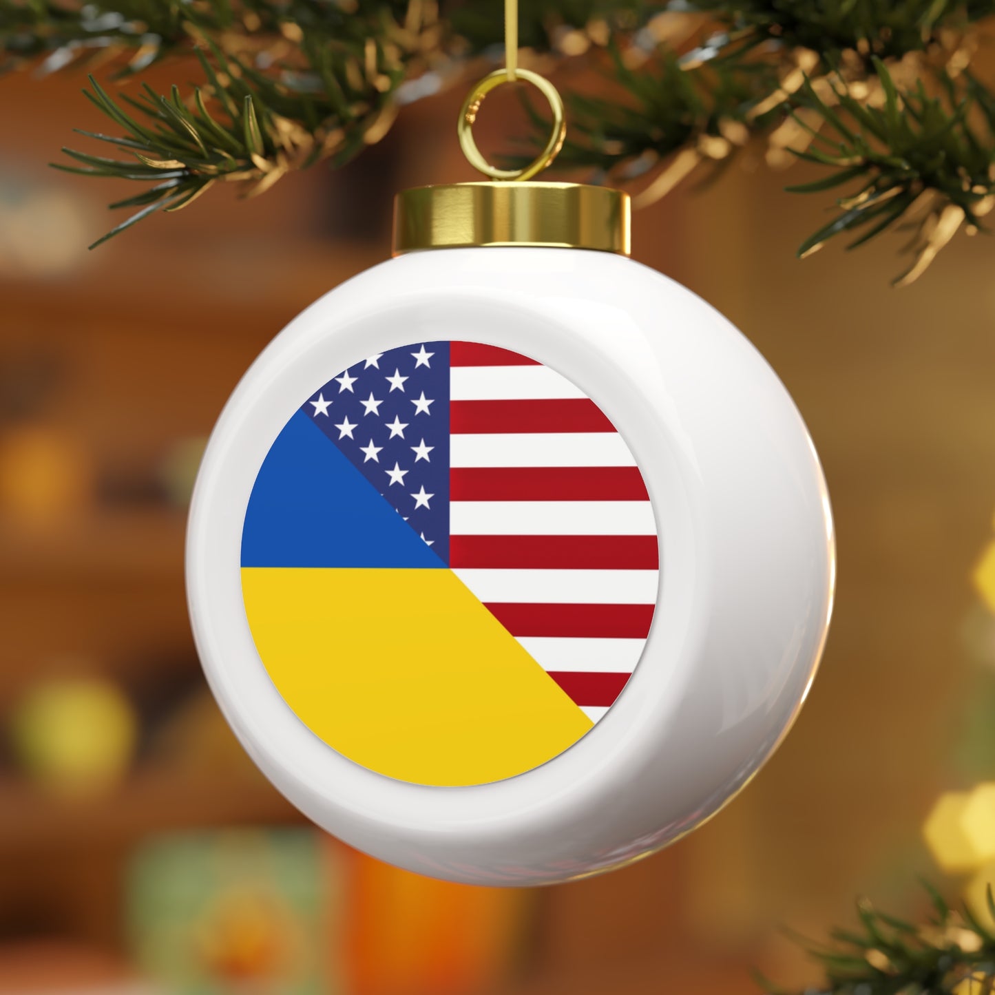 Ukrainian American Flag | Half Ukraine USA Christmas Tree Ball Ornament