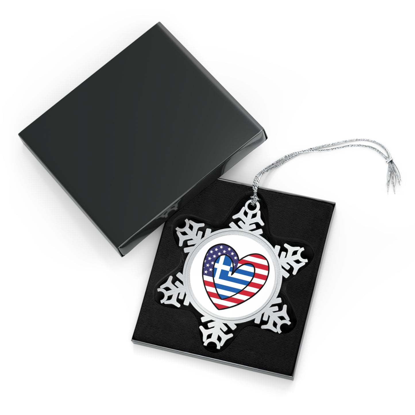 Greek American Heart Valentines Day Gift Half Greece USA Flag Pewter Snowflake Ornament