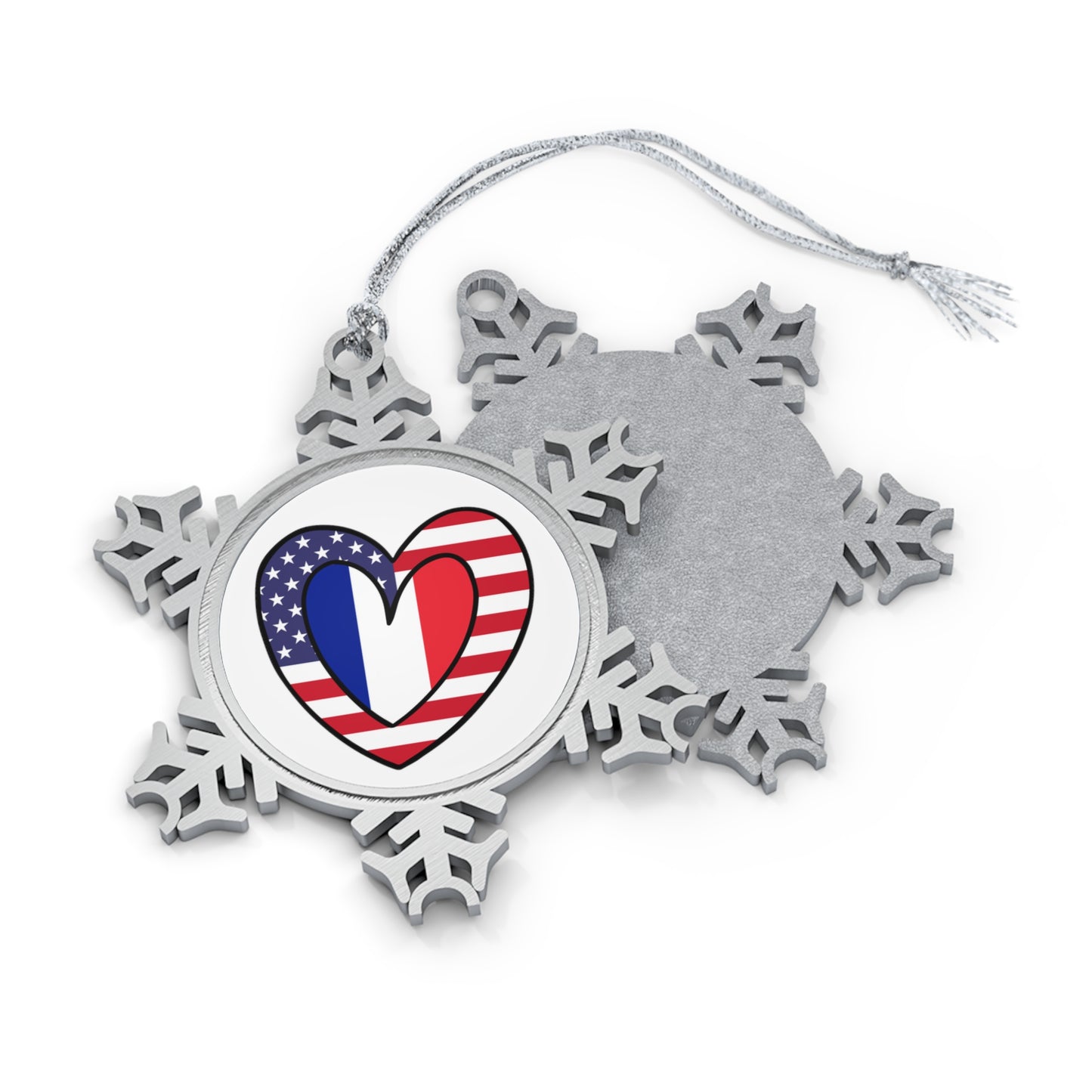 French American Heart Valentines Day Gift Half France USA Flag Pewter Snowflake Ornament