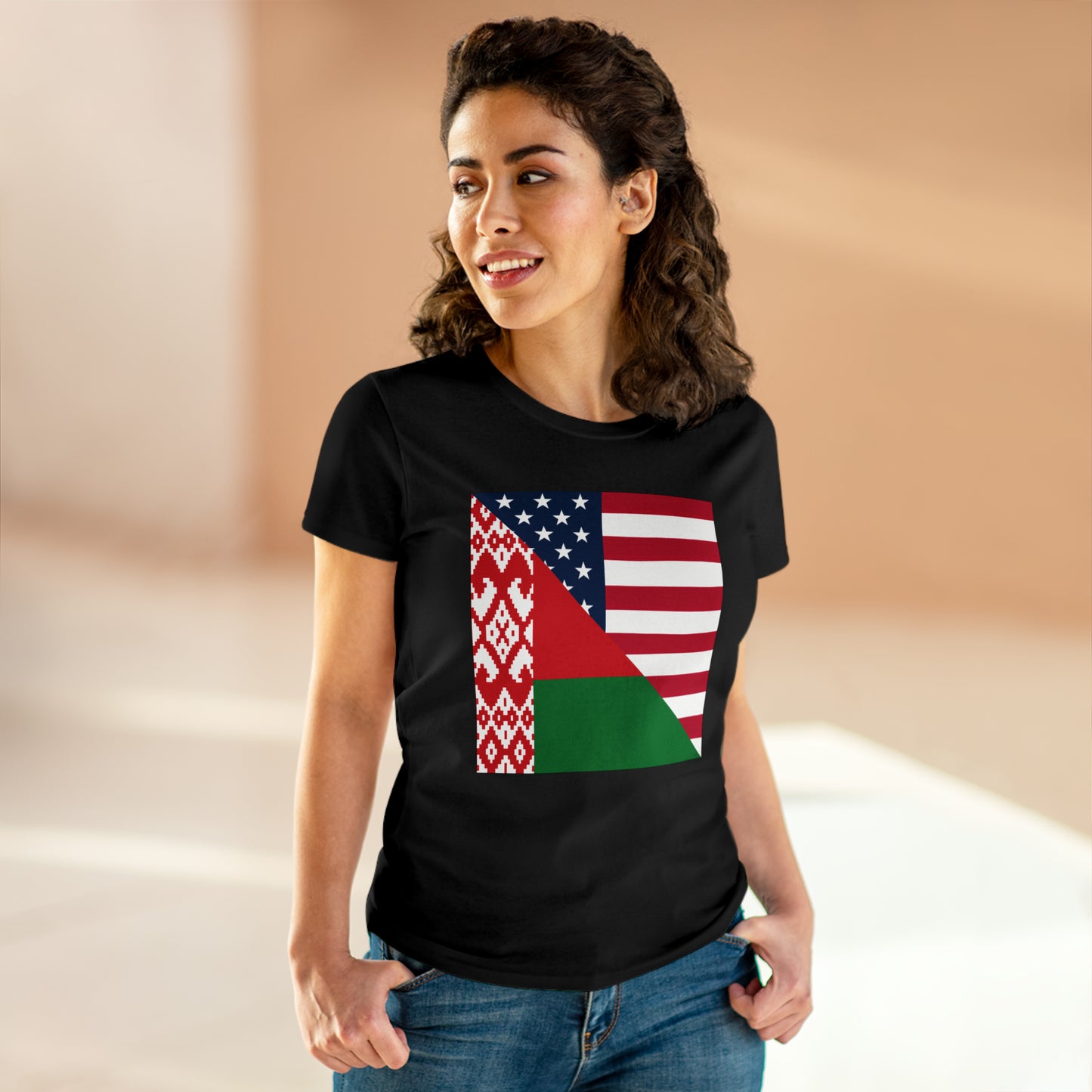 Women's Belarus American Flag Half USA Cotton Tee Shirt