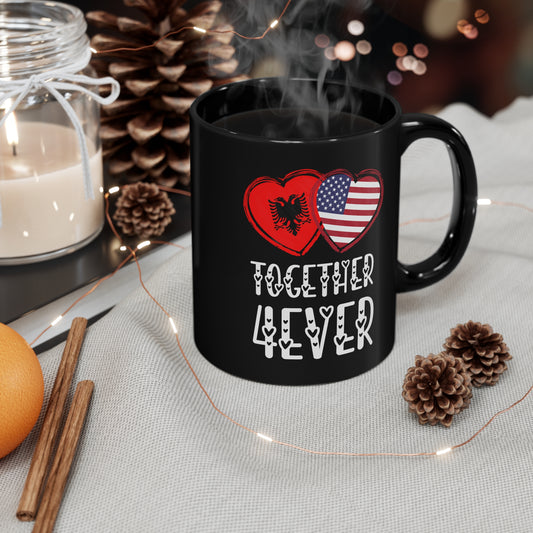 Albanian American Valentines Gift Flag Heart Albania USA Together 4ever 11 oz Black Mug