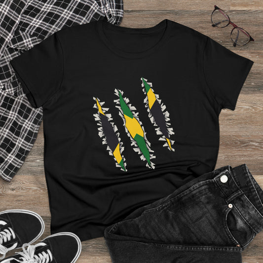 Women's Slashed Jamaican Flag | Jamaica Woman Cotton Tee Shirt
