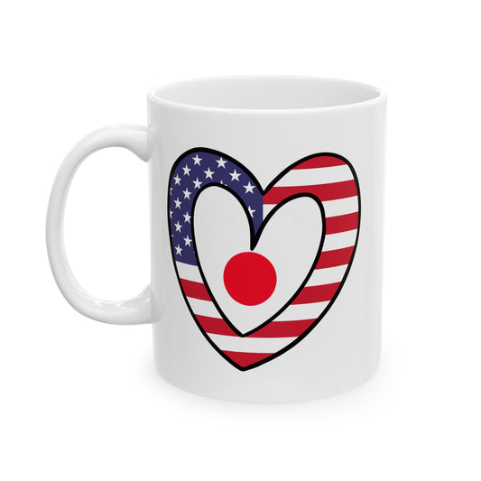 Japanese American Heart Valentines Day Gift Half Japan USA Flag Ceramic Mug 11oz, 15oz Cup