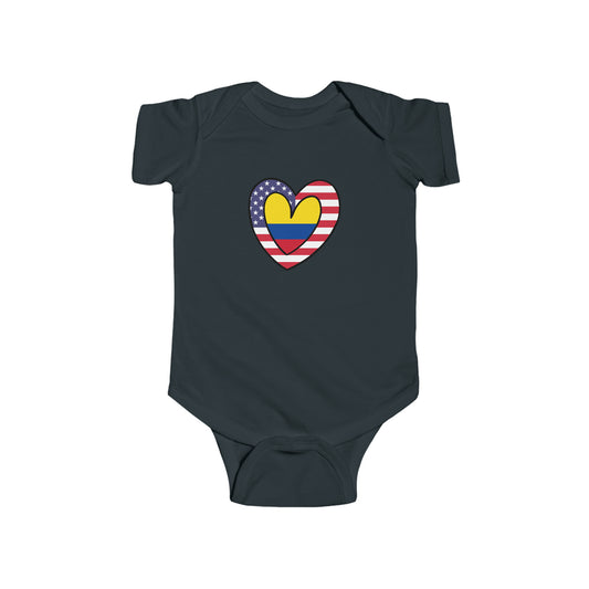 Colombian American Heart Valentines Day Gift Half Colombia USA Flag Baby Bodysuit | Newborn Boy Girl